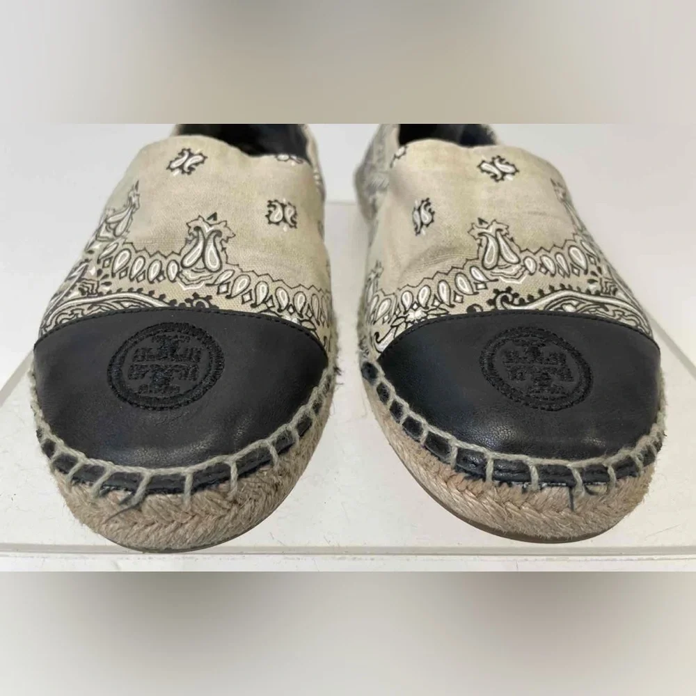 TORY BURCH IVORY AMERICANA BANDANA‎ COLOR BLOCK FLAT ESPADRILLE 7.5